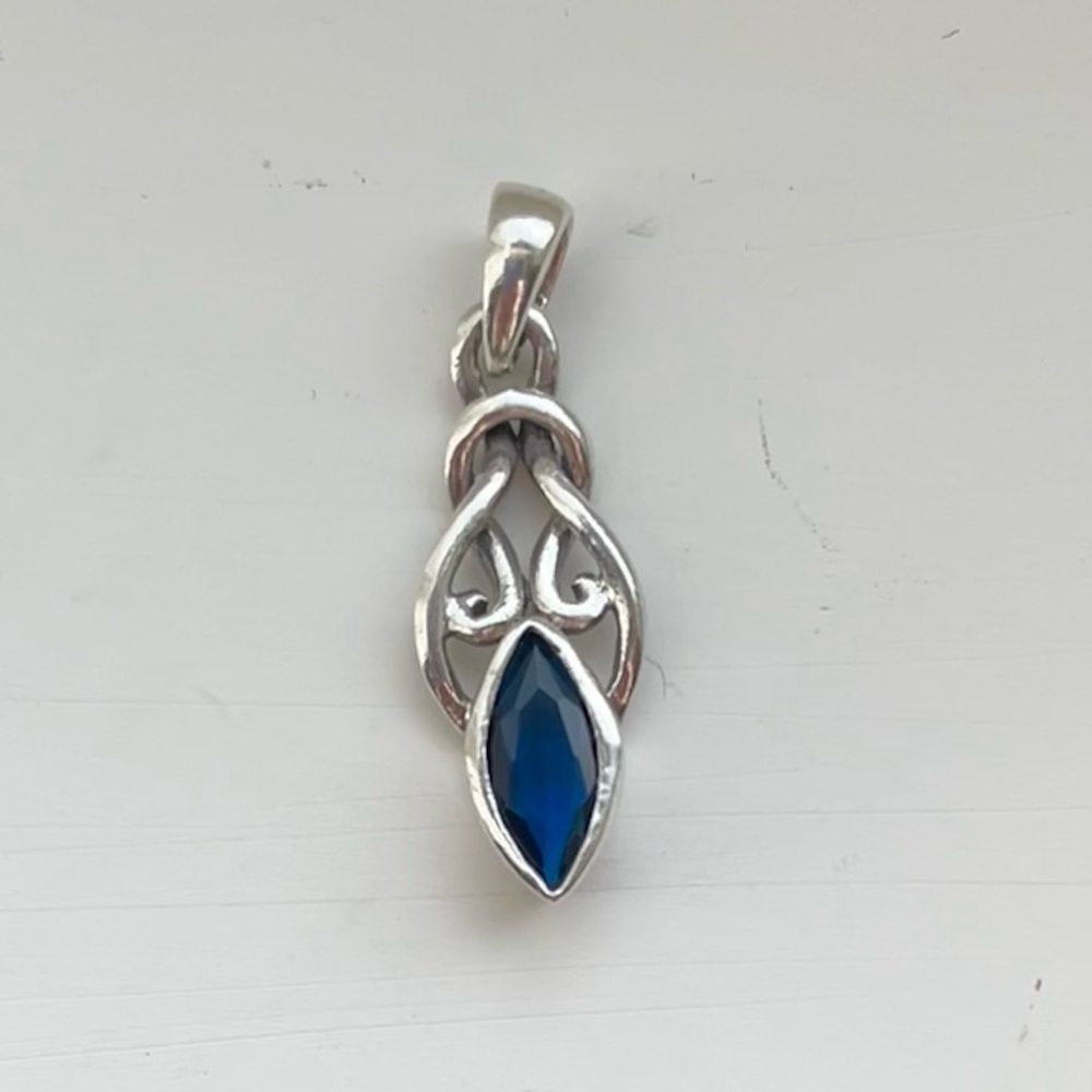925 Silver Celtic Knot Pendant with Bezel-Set Deep Blue Marquise Stone